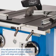 Fine adjustment of longitudinal stop for precise operation, even with large workpieces