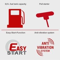 Key features: 0.9L fuel tank, pull starter, easy-start function, anti-vibration system