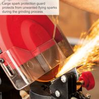 Large spark protection guard preventing unwanted flying sparks during grinding process