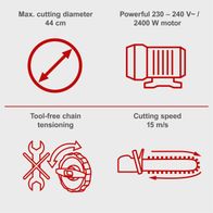 Electric chainsaw specifications: Max. cutting diameter 44 cm, 230–240 V / 2400 W motor, cutting speed 15 m/s, tool-free chain tensioning