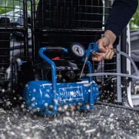 Portable cordless compressor with pressure gauge and water separator, part of Scheppach C-ACT160/6-X kit