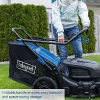 Foldable handle for easy transport and space-saving storage of Scheppach battery lawnmower