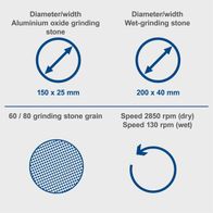 Dimensions and speeds for aluminium oxide and wet grinding stones for the grinder BG200W