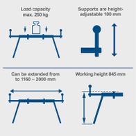 Stand features: Max load 250 kg, height-adjustable supports by 100 mm, working height 845 mm, extendable width 1160–2000 mm