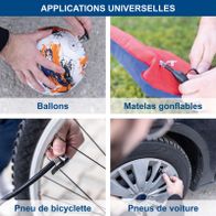 Showing applications for the hybrid compressor: inflating sports balls, inflatable mattresses, bicycle tires, and car tires