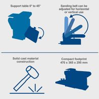 Belt and disc sander with adjustable worktable (0°–45°), adjustable belt for horizontal/vertical use, solid cast construction, compact dimensions (470 x 365 x 295 mm)