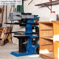 Compact vertical log splitter by Scheppach with storage height of 990 mm for efficient wood splitting.