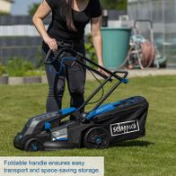 Foldable handle for easy transport and space-saving storage of Scheppach cordless lawn mower.