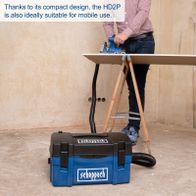 Scheppach HD2P portable vacuum with compact design, suitable for mobile use, featuring built-in dust bag and vacuum hose connection