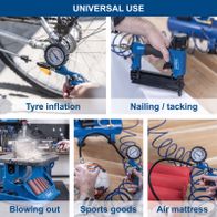 Key features of multi-purpose air compressor applications: tire inflation, dust removal, air mattress inflation, sports equipment maintenance, and versatile air supply for various tasks.