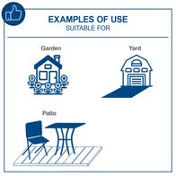 Examples of use: Garden, garden area with house, patio with furniture