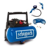 Scheppach HC06 air compressor with 6L oil-free tank, 5-piece accessory kit, and 5m hose