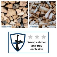 Standing log splitter with hardwood and softwood catcher tray system on both sides