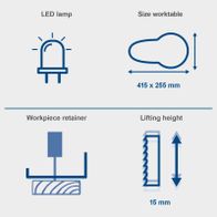 The scroll saw Deco-Flex features an LED lamp, a worktable size of 415 x 255 mm, a workpiece retainer, and a lifting height of 15 mm.
