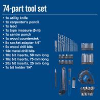 Comprehensive 74-piece tool set including measuring tools, drill bits, and socket adapters for Scheppach tools