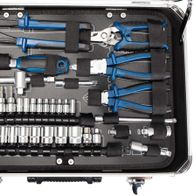 Scheppach TB150 tool kit with integrated set: screwdrivers, pliers, socket wrenches, and tensioning tools