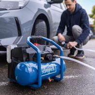 Scheppach cordless air compressor with tool attachment, handle, and hose