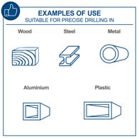 Examples of precise drilling in wood, metal, steel, aluminium, and plastic with illustrative diagrams
