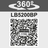 Scheppach LB5200BP backpack leaf blower featuring 360° rotation and QR code for specifications