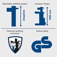 Compact log splitter featuring an adjustable splitting system and step-less height adjustment
