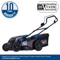 Scheppach cordless lawn mower with 10-year warranty, featuring dual batteries and charger, 43 cm cutting width