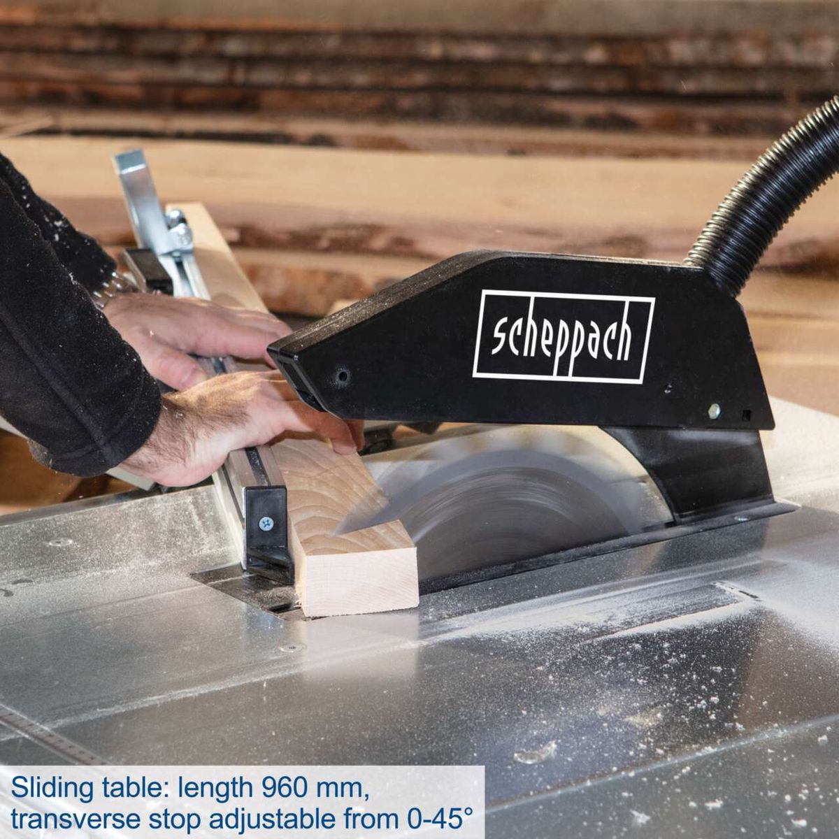 Sliding table saw table with 960 mm length and adjustable transverse stop from 0° to 45°