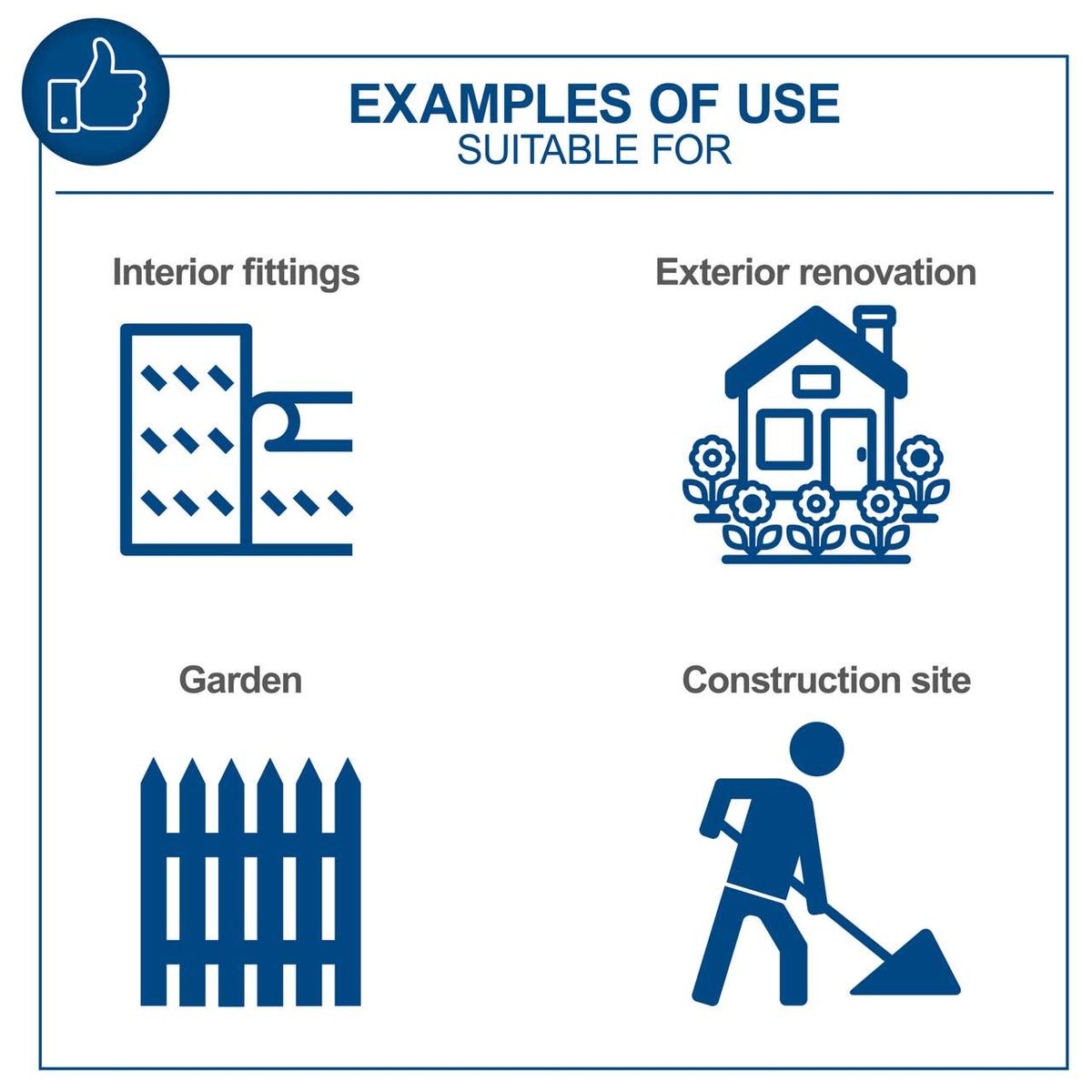 Examples of use: interior fittings, exterior renovation, garden, construction site