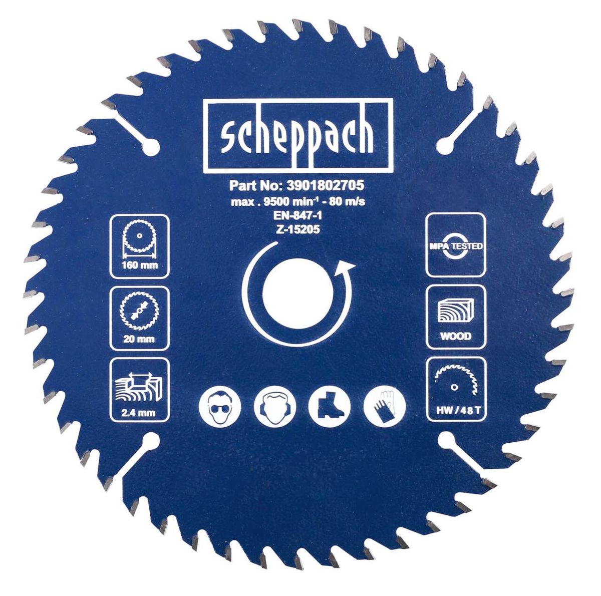 Scheppach circular saw blade (Part No. 3901802705), max. 9500 rpm, EN-847-1 certified
