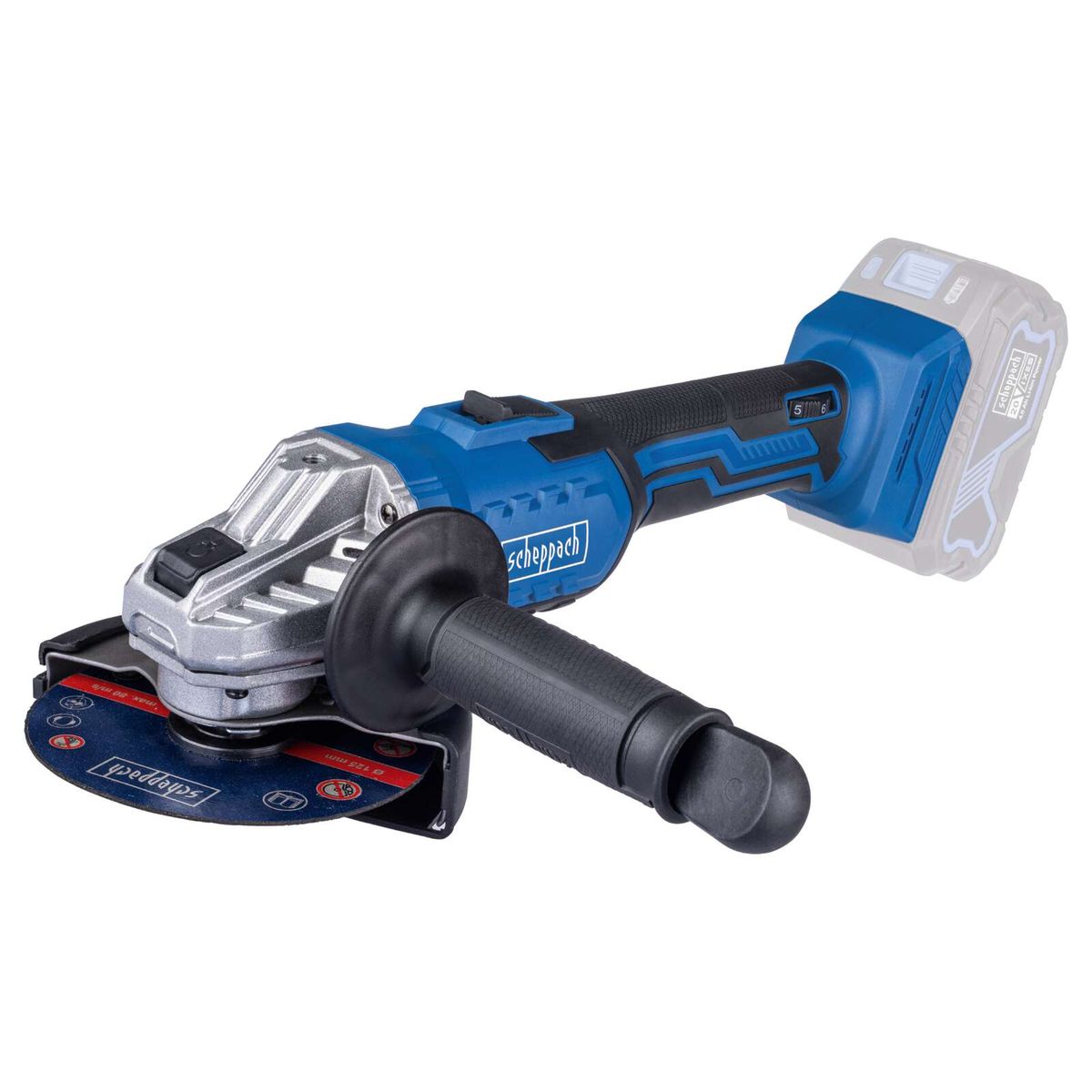 Scheppach cordless angle grinder with speed control, 125mm disc, ergonomic handle