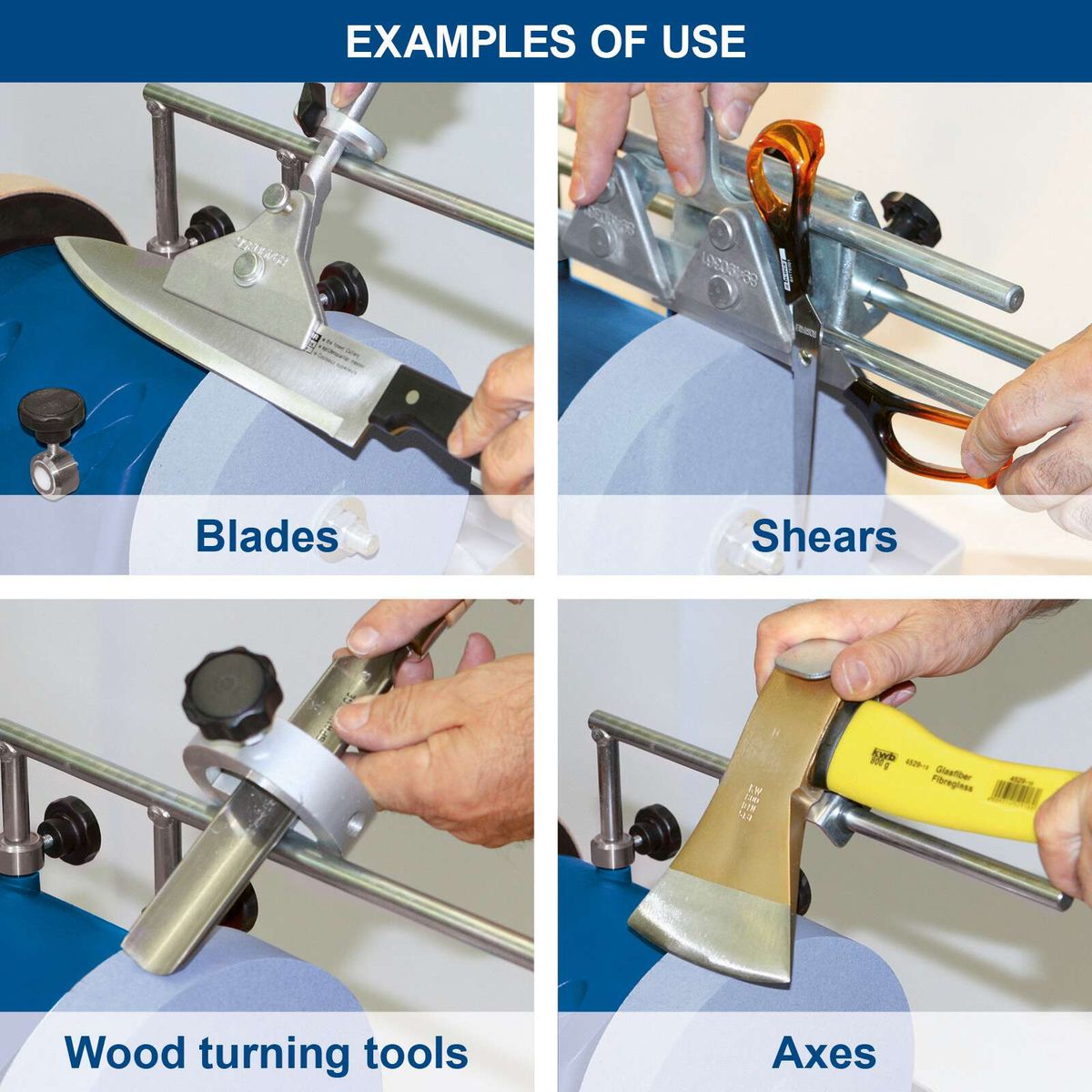 Illustrations of Scheppach tool usage: blades, shears, axes, and wood-turning tools for accurate cutting and shaping