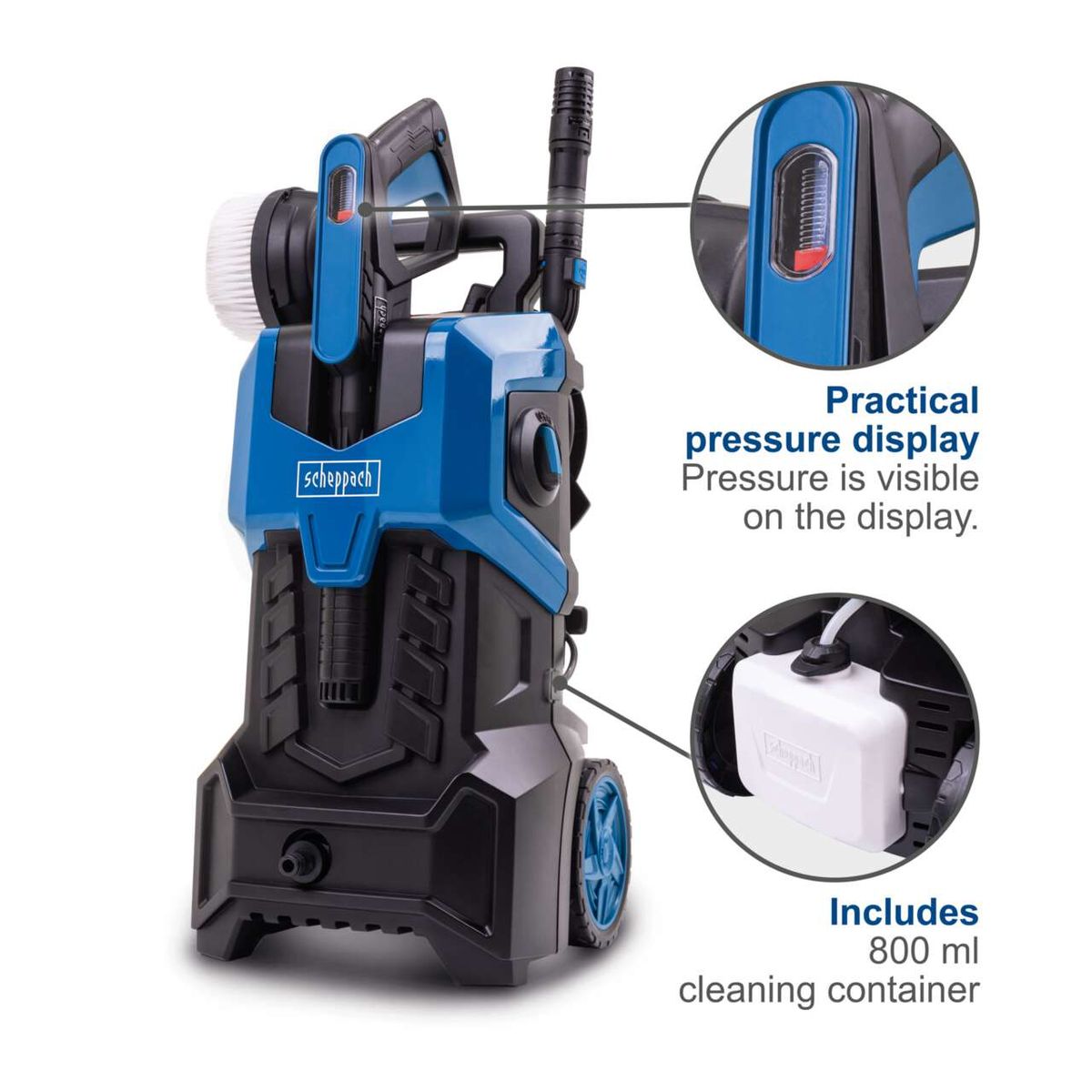 High-pressure electric cleaner with visible pressure gauge and 800 ml cleaning solution tank