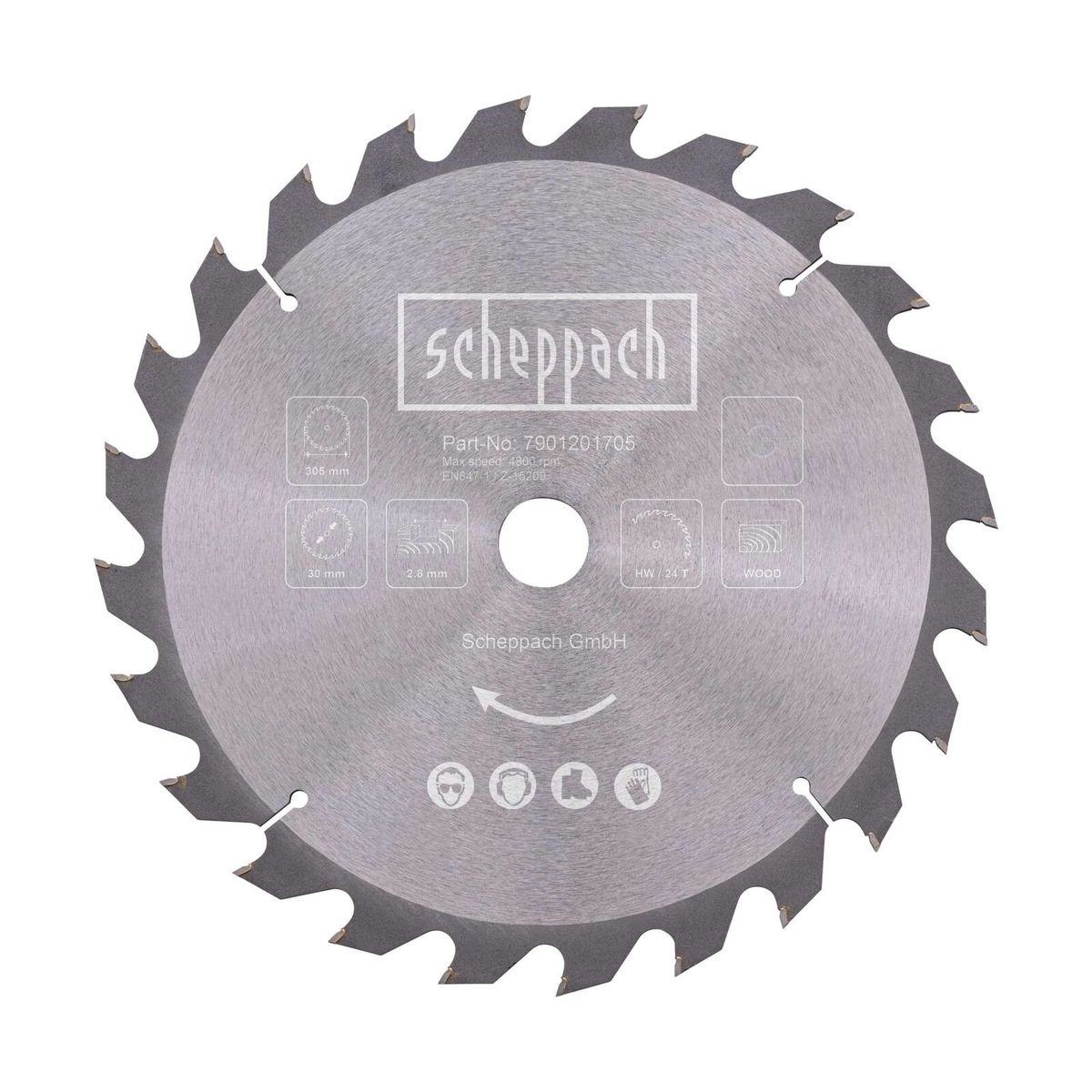 Scheppach circular saw blade (Part No. 7901201705) with max speed 4300 rpm, EN847-1 certified