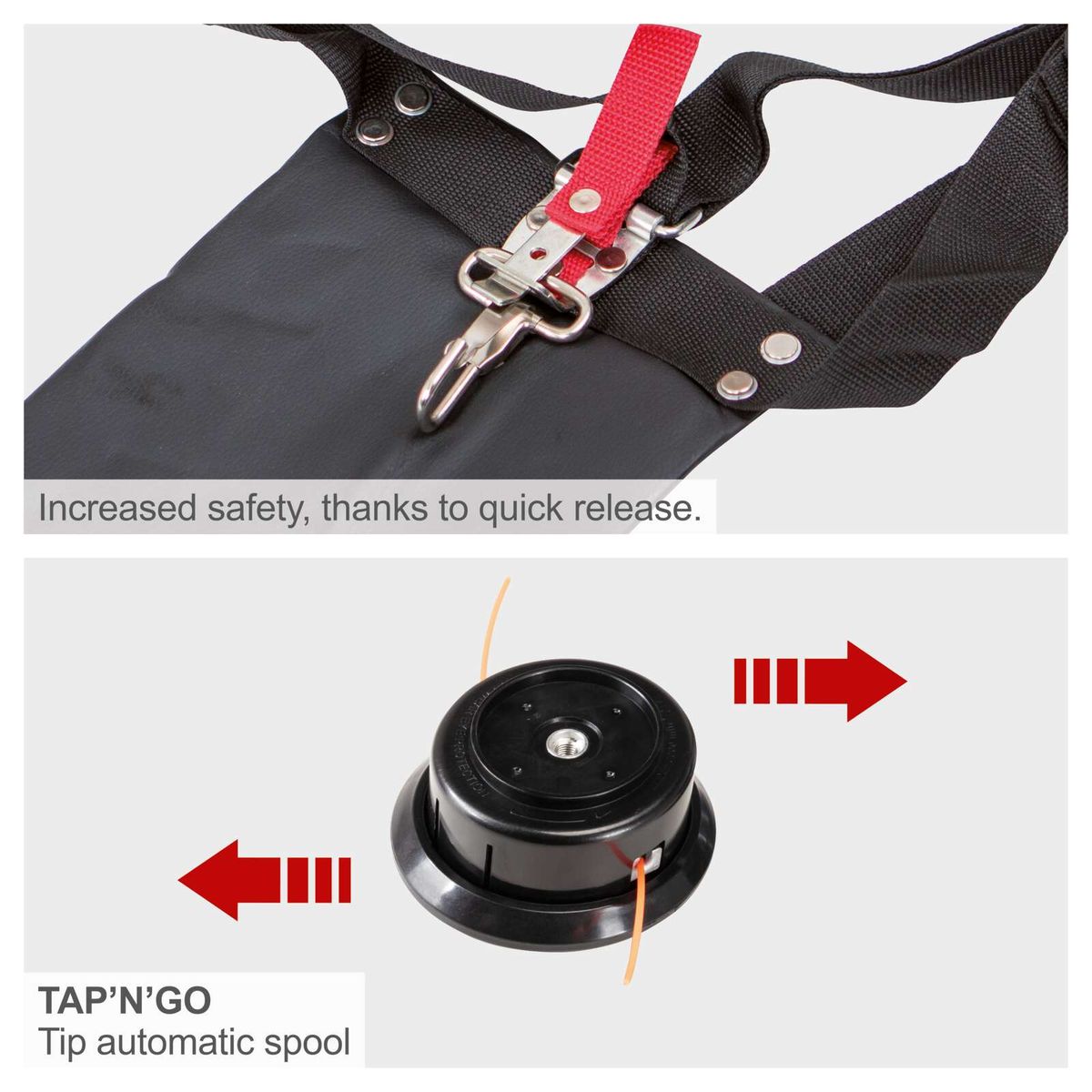 Quick-release feature for safety, TAP’N’GO tip automatic spool mechanism