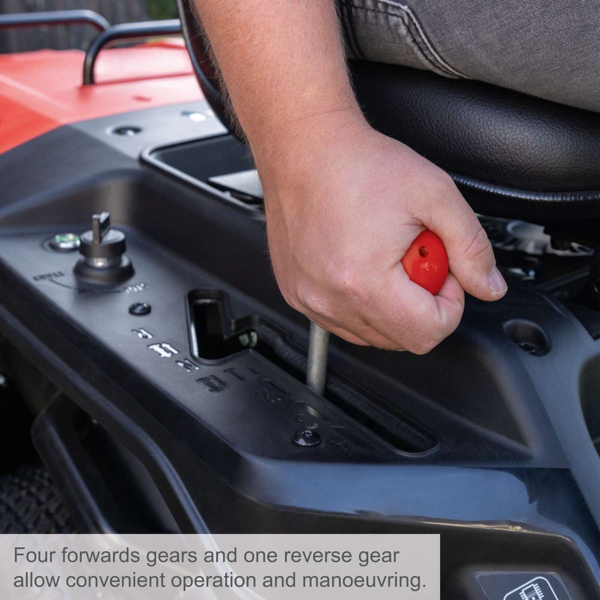 Key feature illustration: Four forward and one reverse gears for convenient operation and maneuverability on ride-on lawnmower.