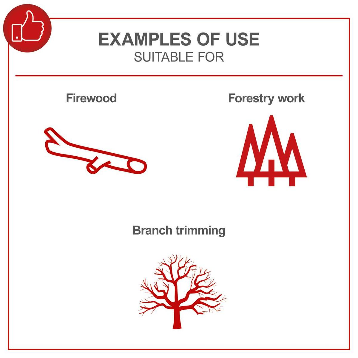 Examples of typical uses: cutting firewood, forestry work, branch trimming