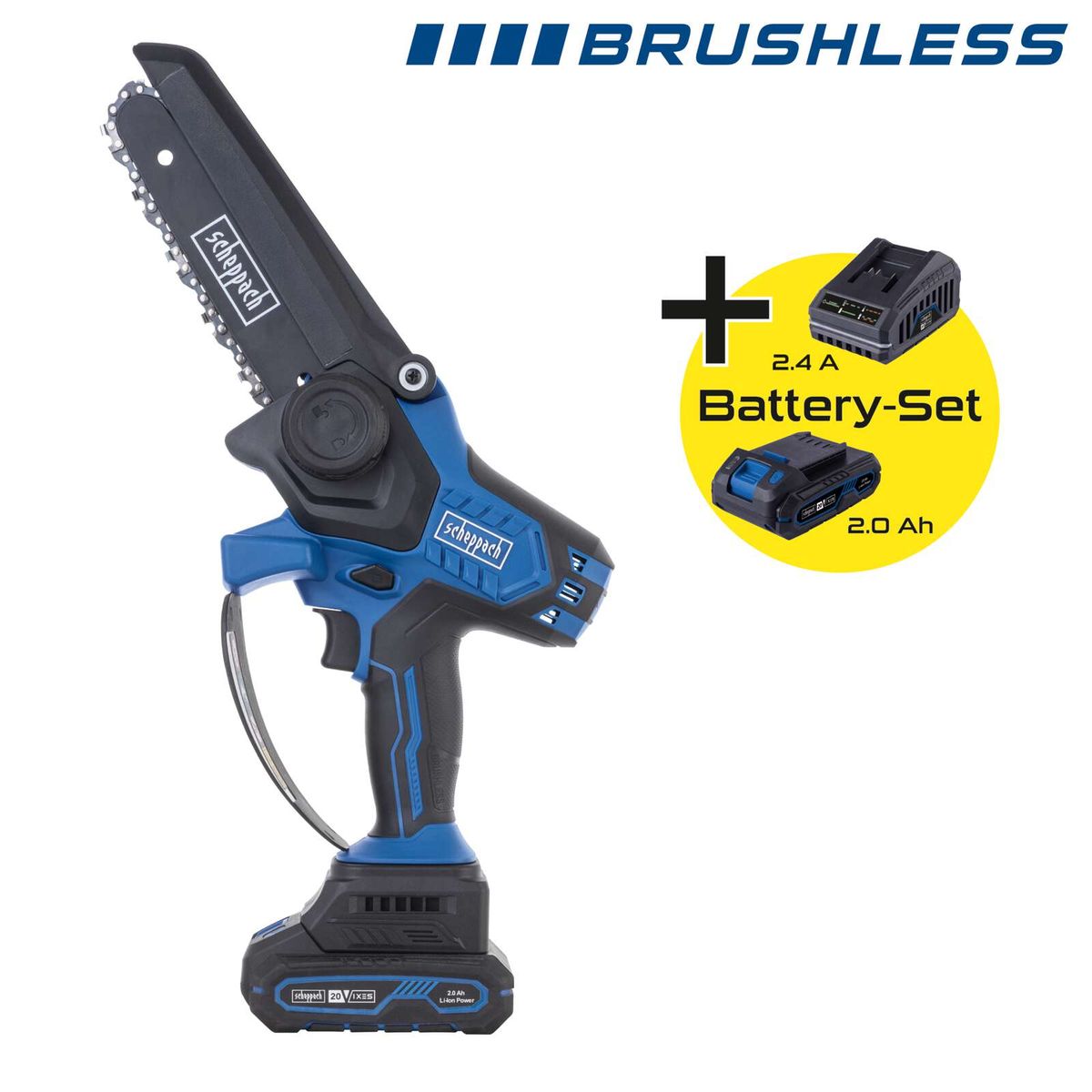 Scheppach brushless chainsaw with 2.0 Ah and 2.4 Ah battery set for precise tasks