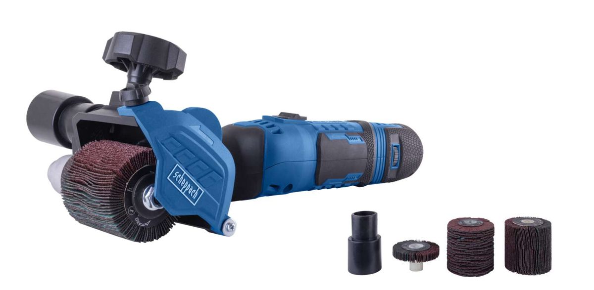 Scheppach universal renovation grinder with adjustable brush attachment and included polishing set