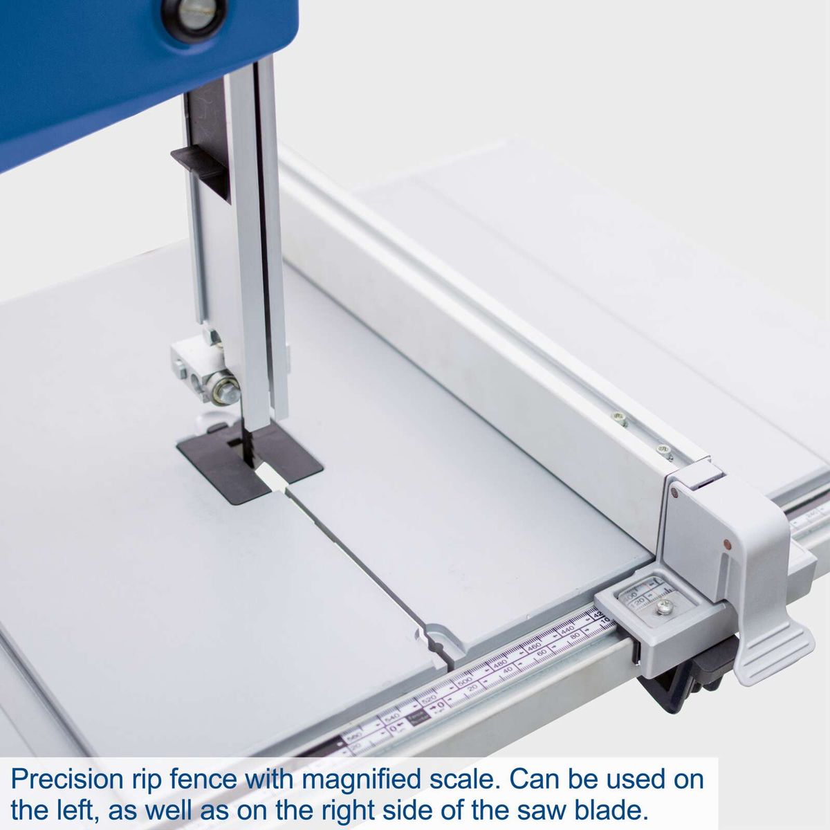 Precision rip guide with magnified scale for bandsaw, usable on left and right side of blade