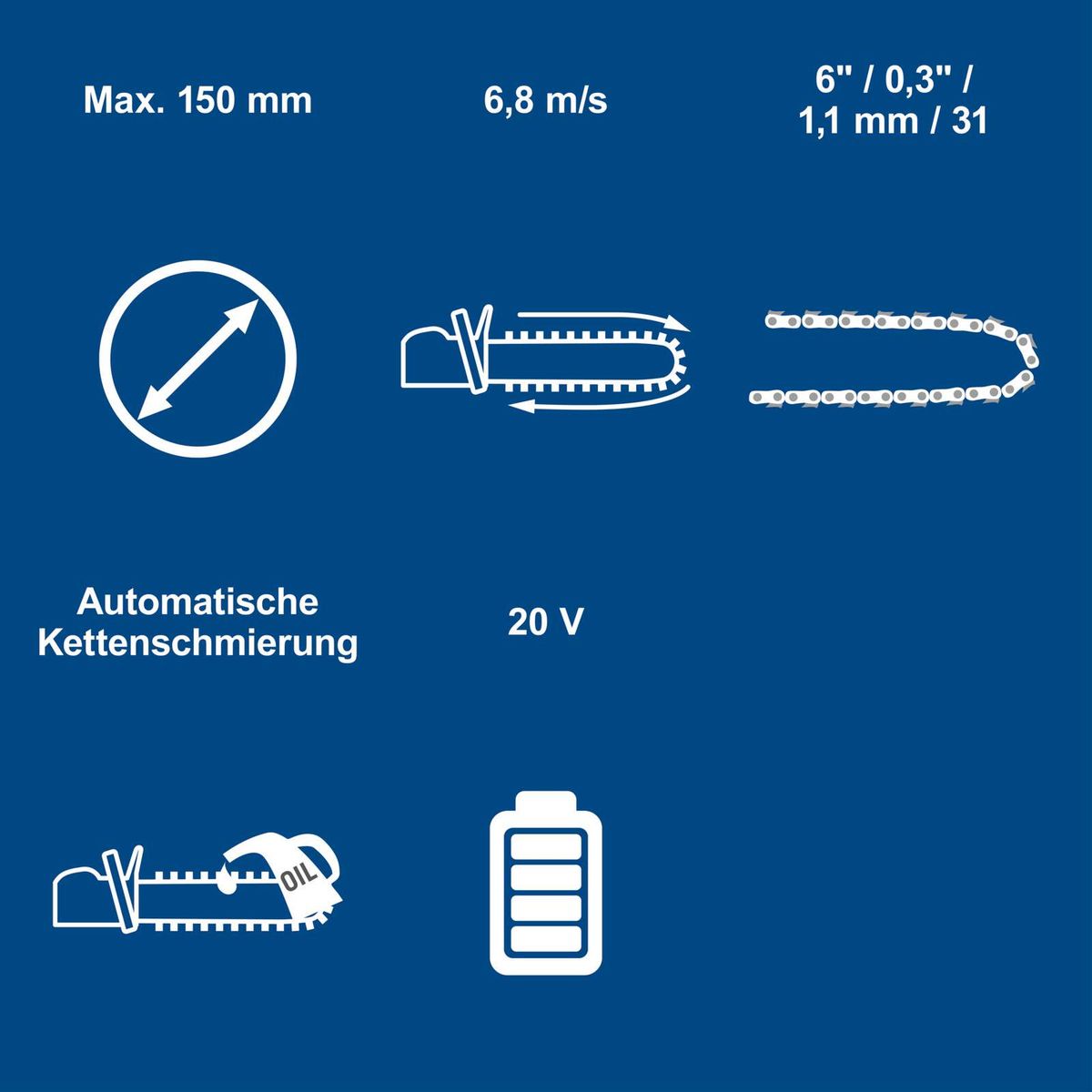 Automatic chain lubrication, 20V, max cutting length 150 mm, chain speed 6.8 m/s