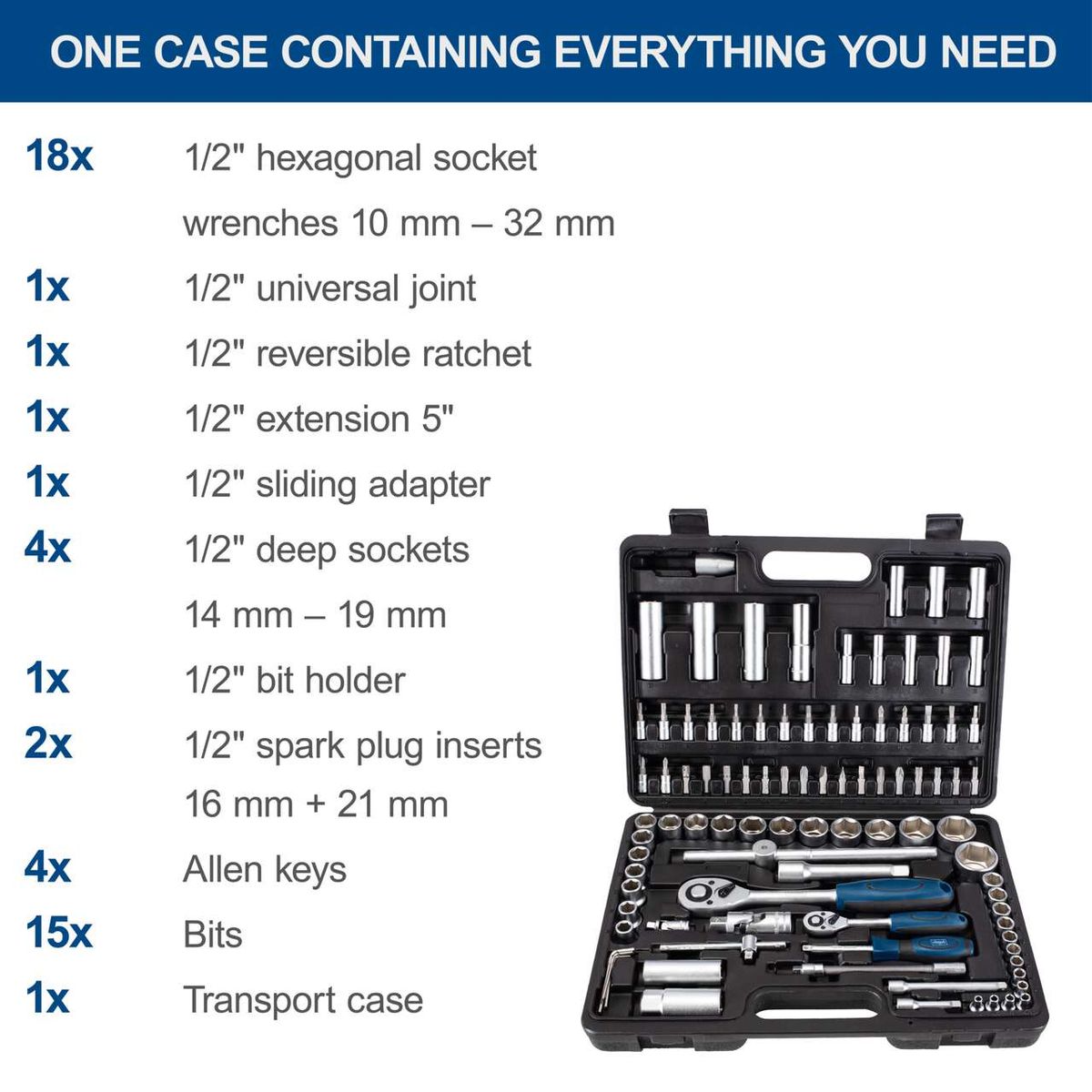 Scheppach TB94 tool kit containing 18 hexagonal sockets (10–32 mm), universal joint, ratchet, 5-inch extension, adapter, 4 deep sockets (14–19 mm), bit holder, 2 spark plug inserts, 4 Allen keys, and 15 bits