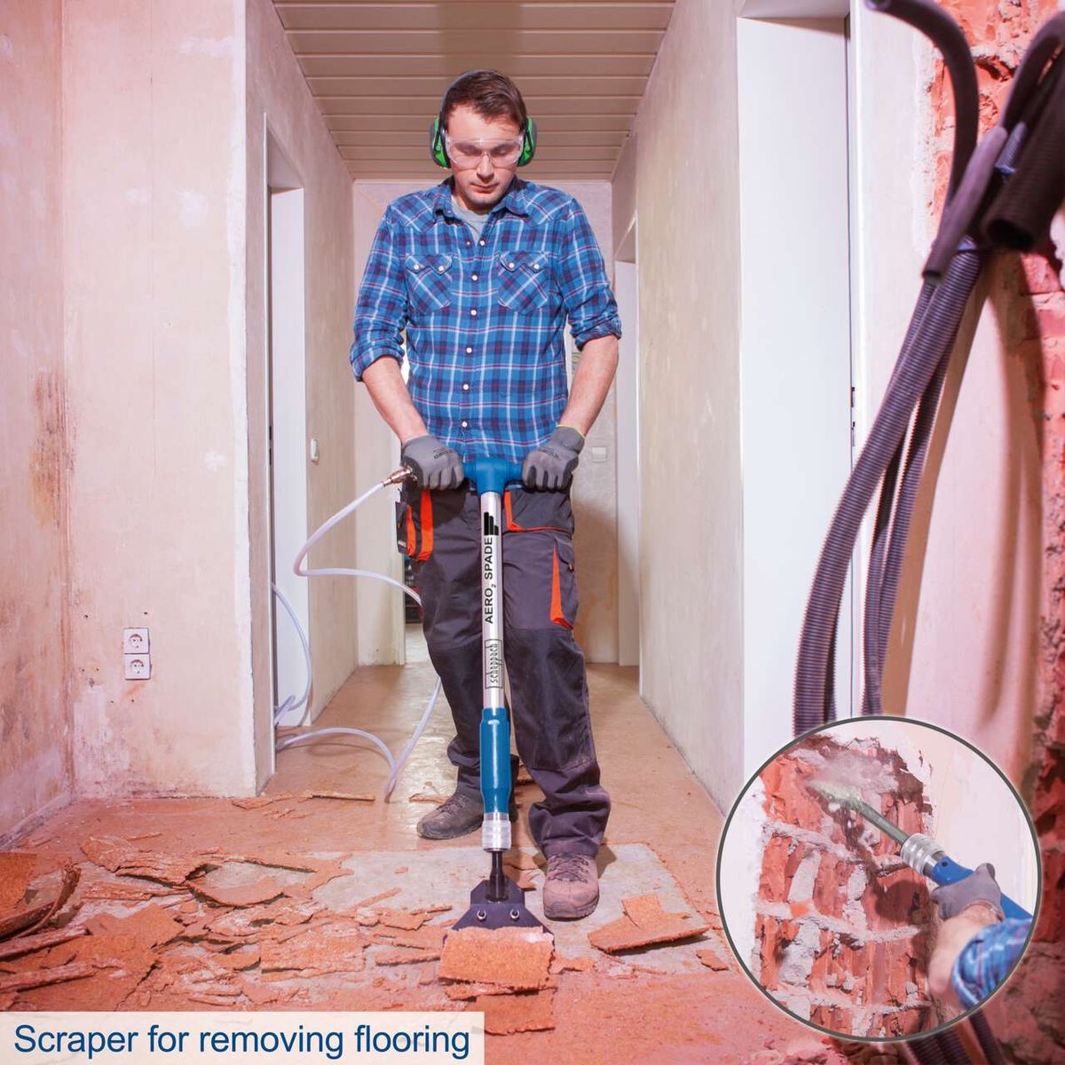 Scheppach Aero² Spade pneumatic tool showing flooring removal process