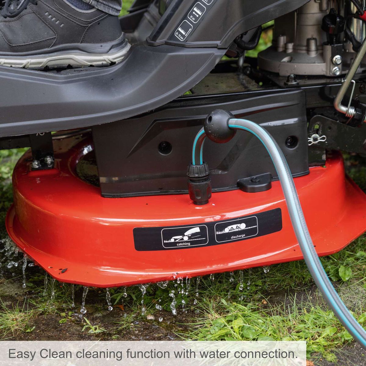 Scheppach lawnmower with easy cleaning function featuring water connection and discharge system