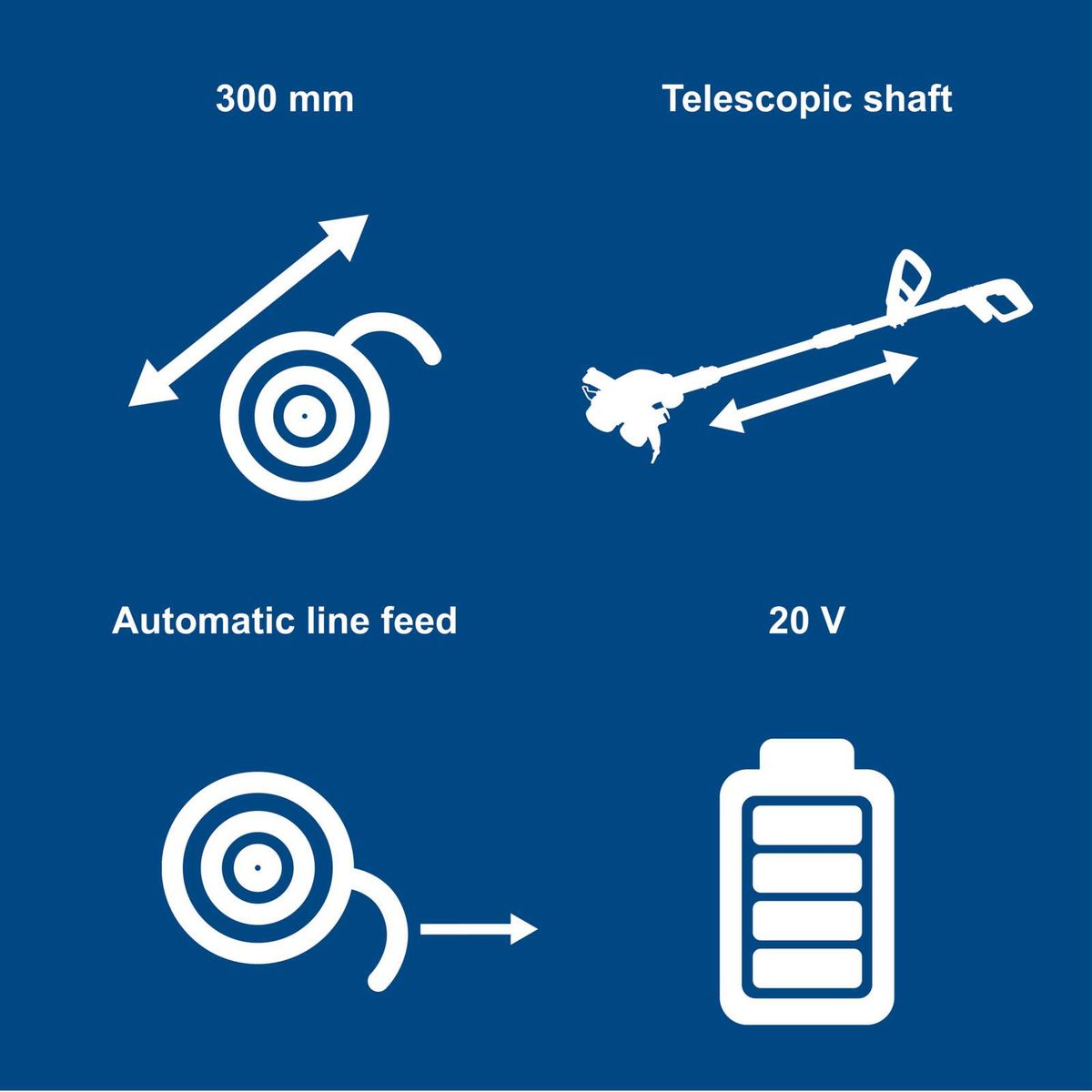 Cordless strimmer with 300 mm cutting width, 3 m line length, 270 mm height adjustment, including 2x 2Ah batteries and charger – automatic line feed and telescopic cutting head