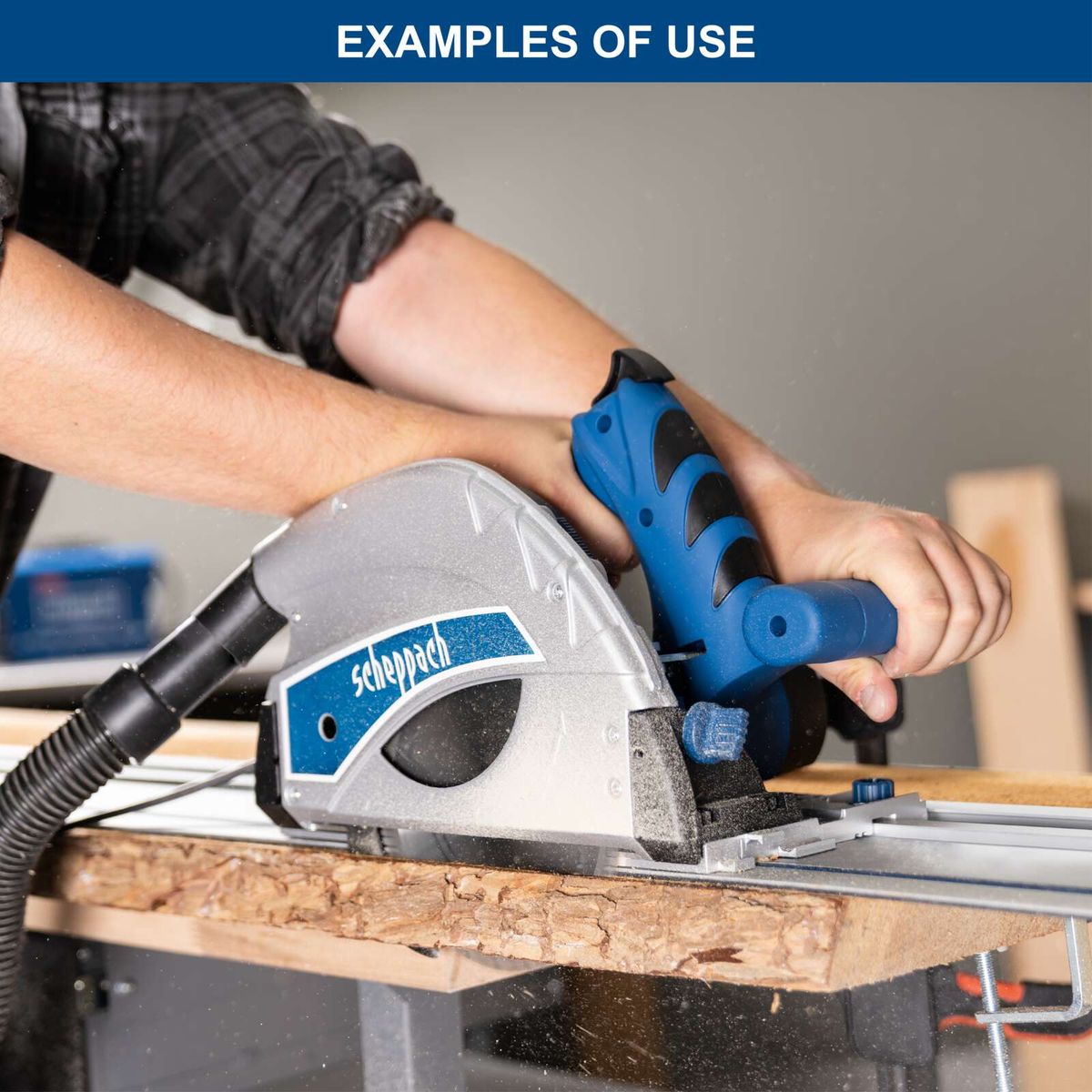 Scheppach tool with protective guard and hand grip for precise cutting operation
