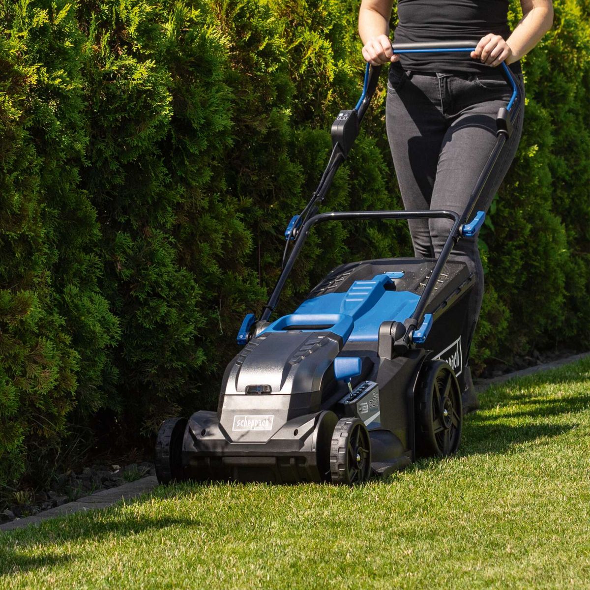 Scheppach cordless lawnmower BC-MP430-X with battery and charger, 43 cm cutting width, 50L bin