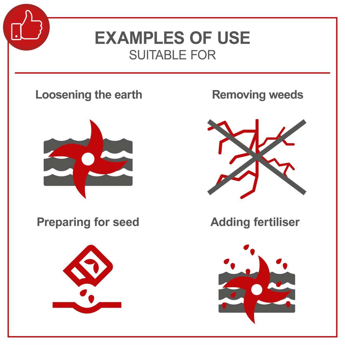 Examples of typical uses: loosening soil, removing weeds, preparing for seed, adding fertiliser