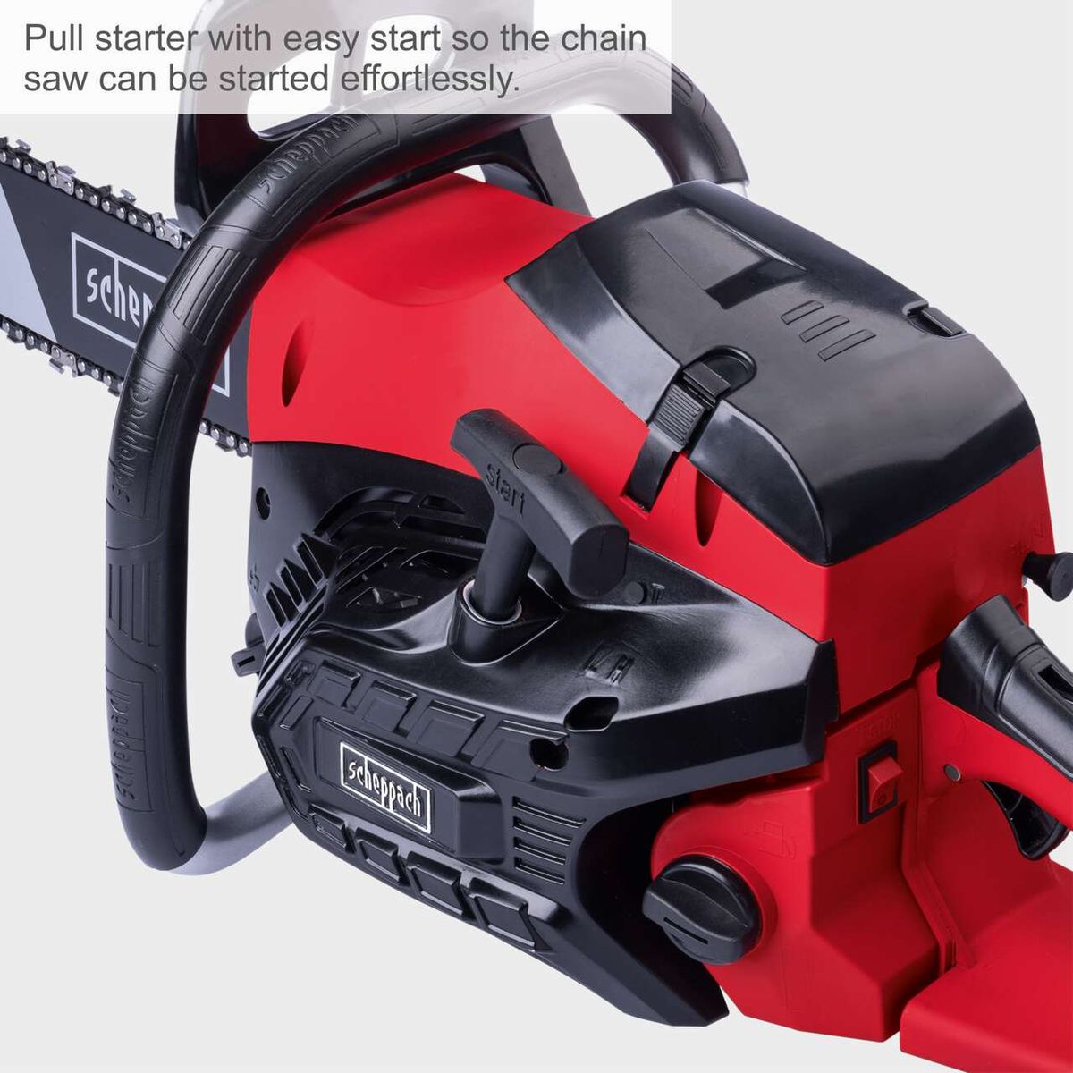 Scheppach petrol chainsaw with easy-start mechanism for effortless operation