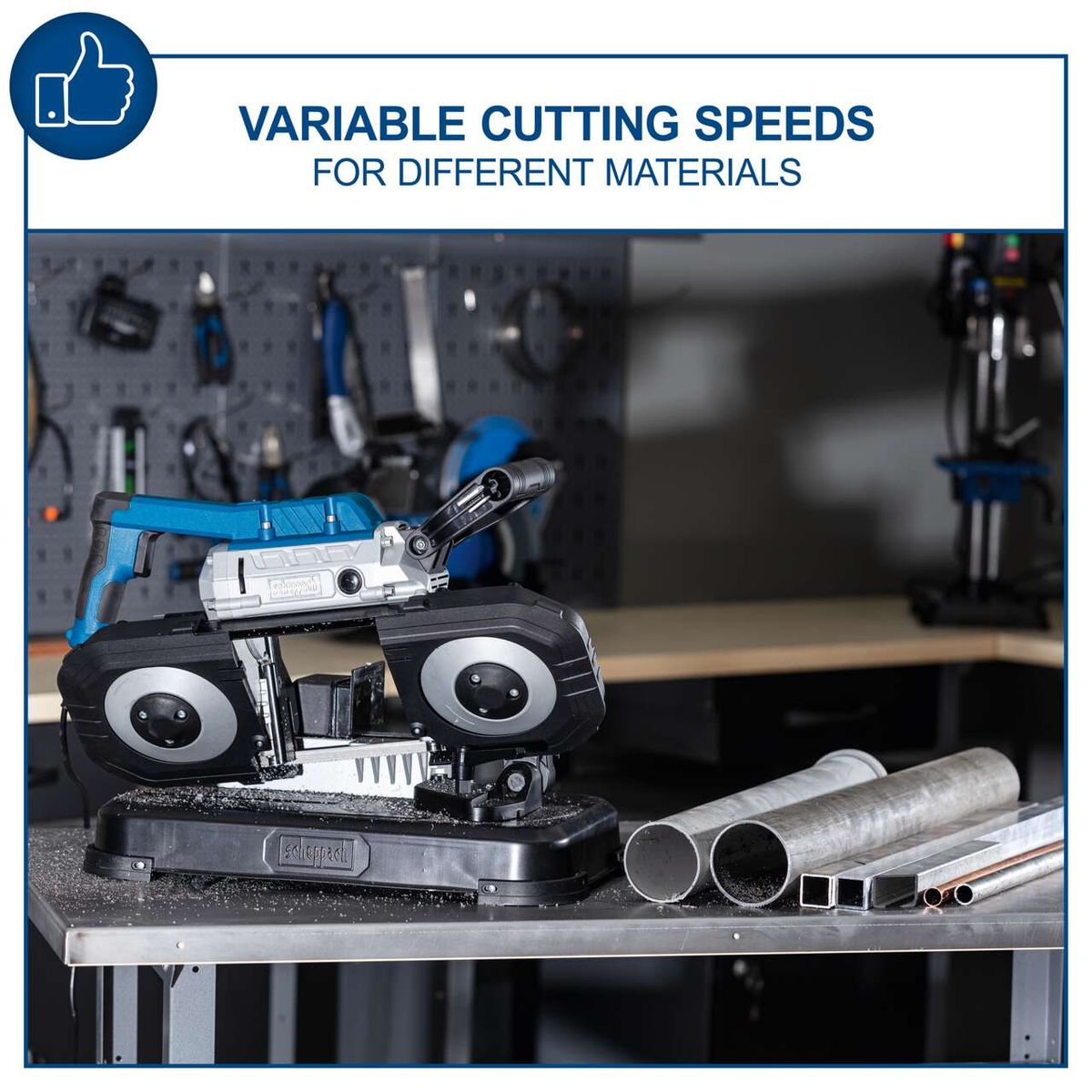 Variable cutting speeds metal band saw with cutting blades and material samples on workbench