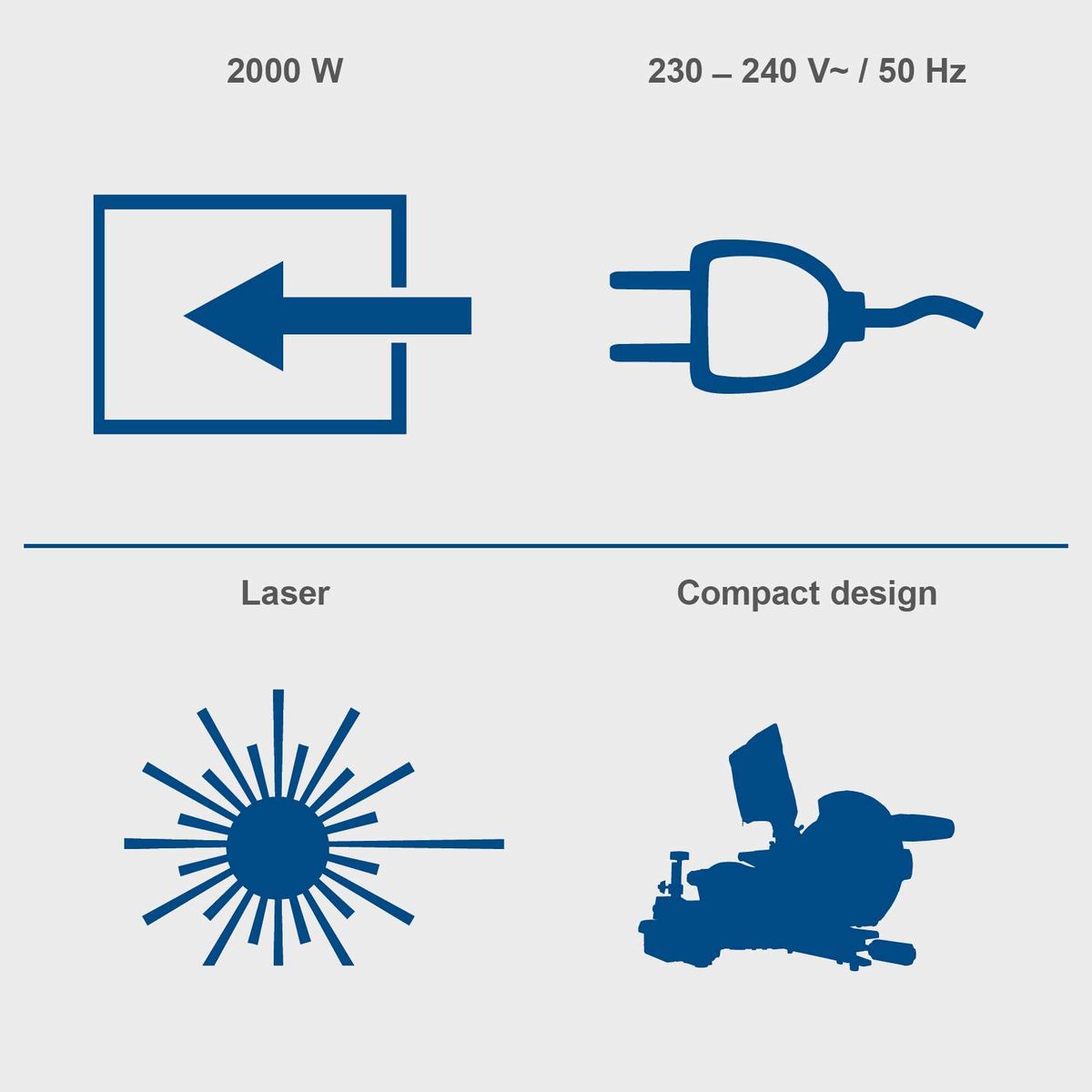 The Scheppach Kapp-, Zug- und Gehrungssäge HM254X has a power of 2000 W and operates with 230-240 V / 50 Hz. It features a laser for precise cuts and a compact design for easy handling.