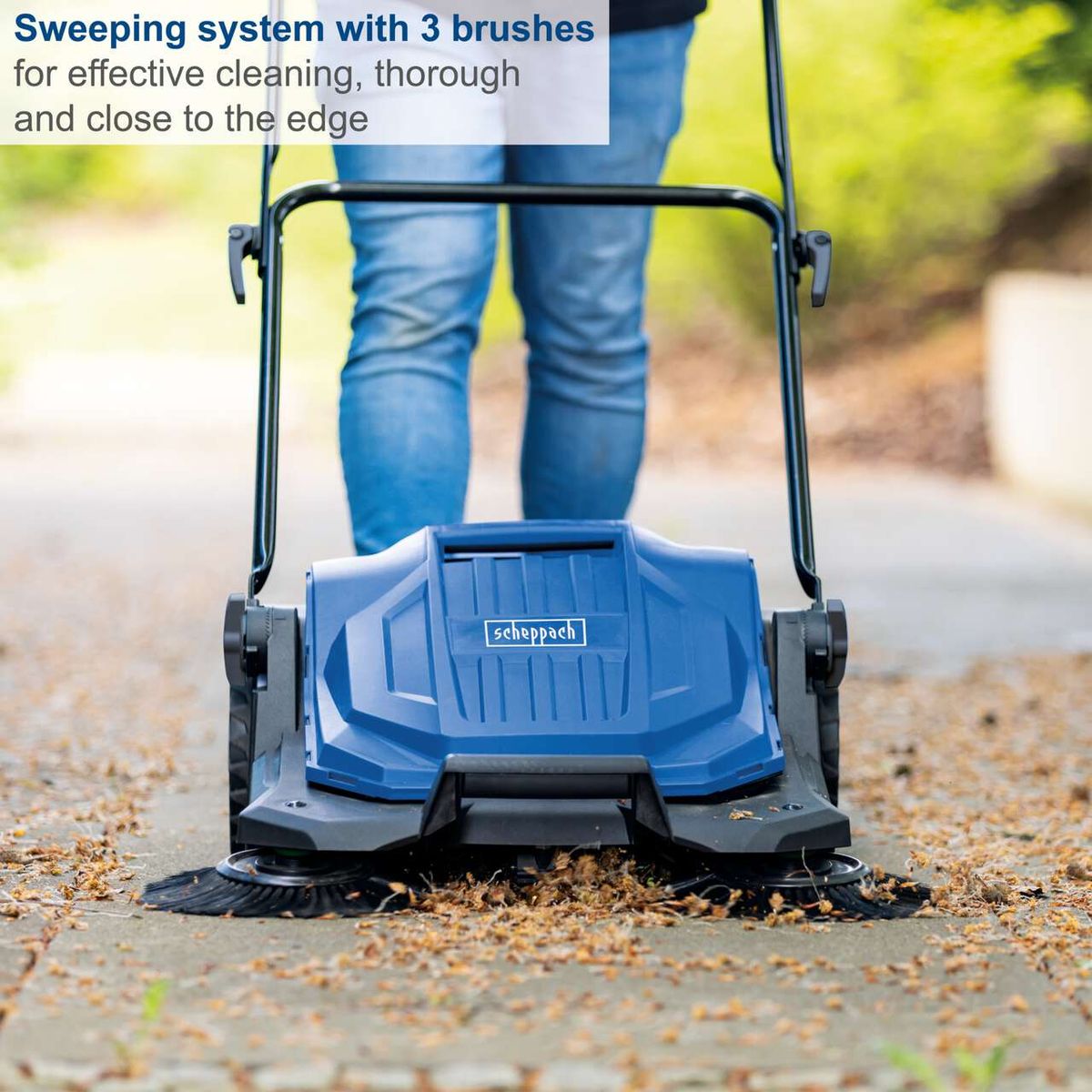 Scheppach push sweeper with three-brush system for effective edge cleaning
